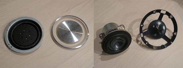 画像: LSPX-S2(左)とLSPX-S2(右側)のパッシブラジエーター。右の写真はLSPX-S2の中・低域用35mmユニットと、ディフューザー