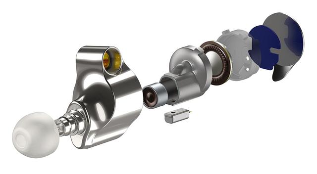画像: HDハイブリッドドライバーシステムの構造図。左手前に5mmドライバー、その右下にBAドライバー、さらに後方に12mmドライバーの3つを収める