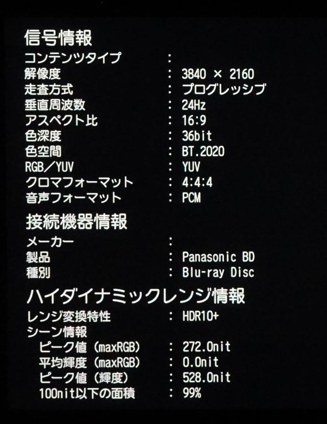 画像: レグザには伝統的に映像信号のステータスをわかりやすく詳細する美点が備わっている。HDR情報も詳しく表示できる。写真はHDR10+コンテンツ再生時のシーン詳細情報となる
