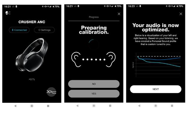画像: 専用アプリ。Android、iOS両方を用意(無償)。アプリの起動は位置情報がONになっていない起動しない。中央が測定中の画面。右が筆者の測定結果。縦軸が感度、横軸が周波数になる。点線が理想の状態で、色付きの実線が実際の測定値。濃い青が右耳、薄い青が左耳だ