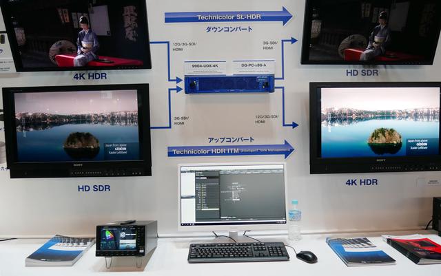 画像: ▲ブースの正面の一番目立つところに展示されているのは、COBALTの4K/HDR対応、アップ・ダウン・クロスコンバーター「9904-UDX-4K」。下側2画面のデモのほうが分かりやすいと思うが、左の2K/SDRの映像を、右の4K/HDRの映像へ、リアルタイムにアップコンバートしていた。色再現(コンバート)の部分には、テクニカラーのノウハウを使用しているそう
