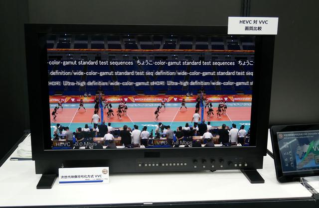 画像: ▲地上テレビ放送高度化へ向けて、現在規格化が進んでいる次世代の映像符号化方式「VVC」圧縮によるデモも行なっていた。画面左は現在の新4K放送で使われているHEVC、右がVVCとなる。同じ8Mbpsのというかなり厳しいビットレートで圧縮していたが、VVCのほうはかなり綺麗な映像となっていた。現在の地デジはチャンネルあたり約13~17Mbpsのビットレートを使っており、これをVVCに置き換えればより低いレートで4K映像が伝送でき、空いたレートをほかに活用できる、という目論見だ。ちなみに、現在のVVCエンコードはリアルタイムの3万倍かかるそうで、1秒の映像のエンコードに3万秒(約8時間)かかるという