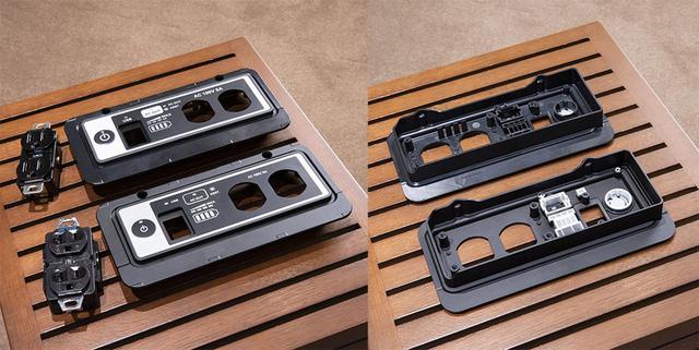 画像: E500 for Musicではコントロールパネル部の素材にも配慮している。写真手前がE500 for Musicで使われているアルミ合金「ヒドロナリウム」製で、上側はベースモデル用の樹脂製となる
