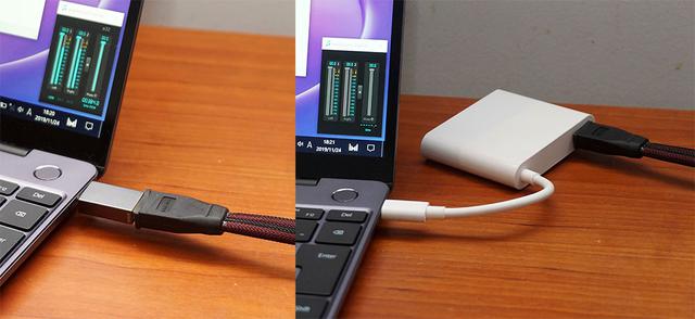 画像: Type-CをType-Aに変換できるコネクター(左)や付属の「MATEDOCK 2」(右)を使った場合の音の違いも確認した