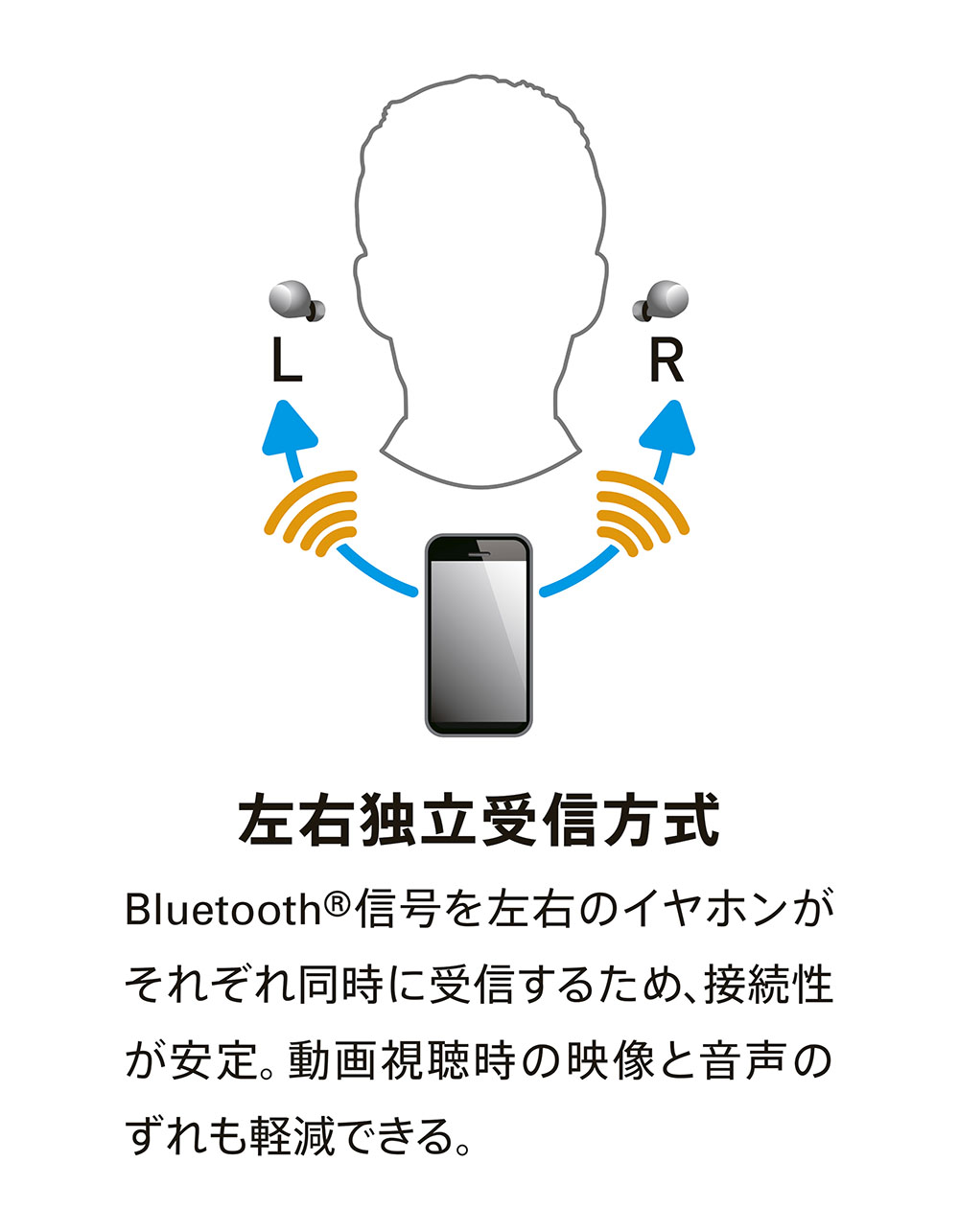 画像: 左右のイヤホン本体それぞれが再生機(スマホ)から直接信号を受信している。これはBluetoothの仕組みを応用することで実現しており、現在発売されているほとんどの再生機で使えるというから嬉しい