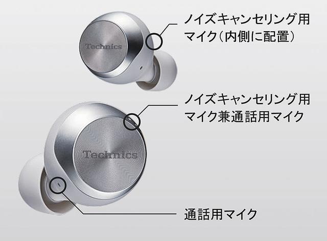 画像: EAH-AZ70Wは、本体の外側と内側の2ヵ所にハイブリッドノイズキャンセリング用のマイクを搭載している。通話時には通話用マイクと外側のノイズキャンセリング用マイクを組み合わせて使うことで声以外のノイズを低減、相手にも聞き取りやすいよう配慮している