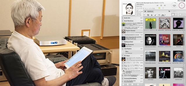 画像: ミュージックサーバーのデラN1Z/3からの信号をハブ経由でT2に送り、T2のアナログ/デジタル出力を聴いている。アンプはアキュフェーズC-3850+A-250×2、スピーカーシステムはB&W 800D3だ。操作はすべてルーミンのアプリから行っている(写真右はそのトップ画面)
