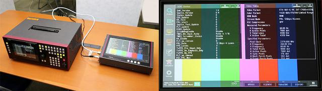 画像: 左はデジタルビデオ信号発生器「VG-879」で、右がHDMI2.1プロトコルアナライザー「VA-1847」。右側の写真は「VA-1847」によるケーブルの測定結果で、エラーが発生した(信号が通らない)場合はこの画面に赤文字で表示される。「HD-8」は全項目問題なしという結果がでた