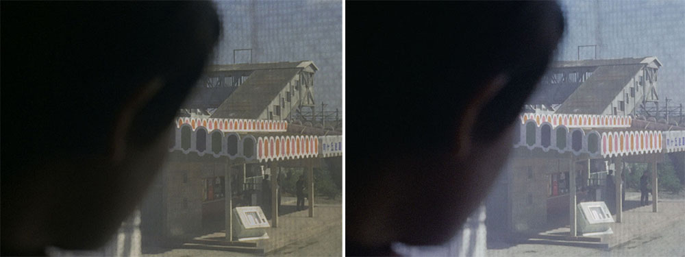 画像: 同じく第8話より。左の2K/SDRと右の4K/HDRでは空や駅舎の表現も大きく異なっている