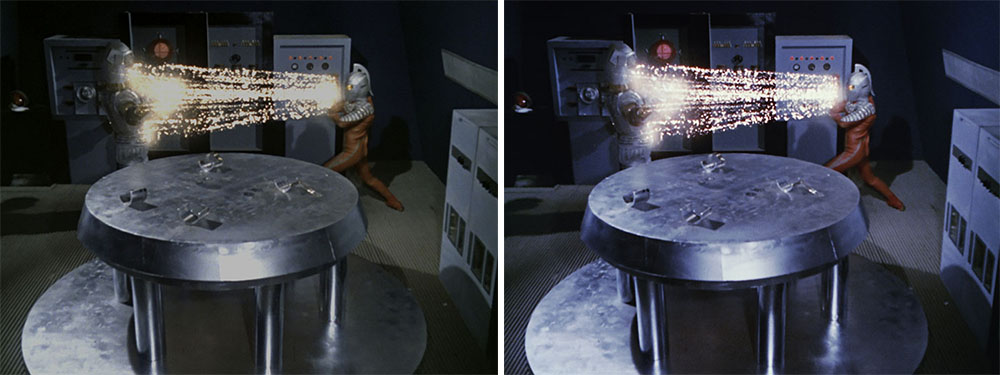 画像: 第17話「地底GO! GO! GO!」より。宇宙船内の奥行感再現や、ウルトラセブンのワイドショットの光線の再現などが2K/SDR(左)と4K/HDRでかなり異なっているのが分かるだろう