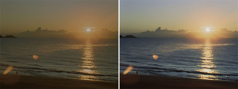 画像: 第21話「海底基地を追え」のラストシーン。2K/SDR(左)は全体的にくすんだ印象だが、右の4K/HDRでは太陽の輪郭や雲のグラデーション、奥の山の稜線までしっかり判別できている