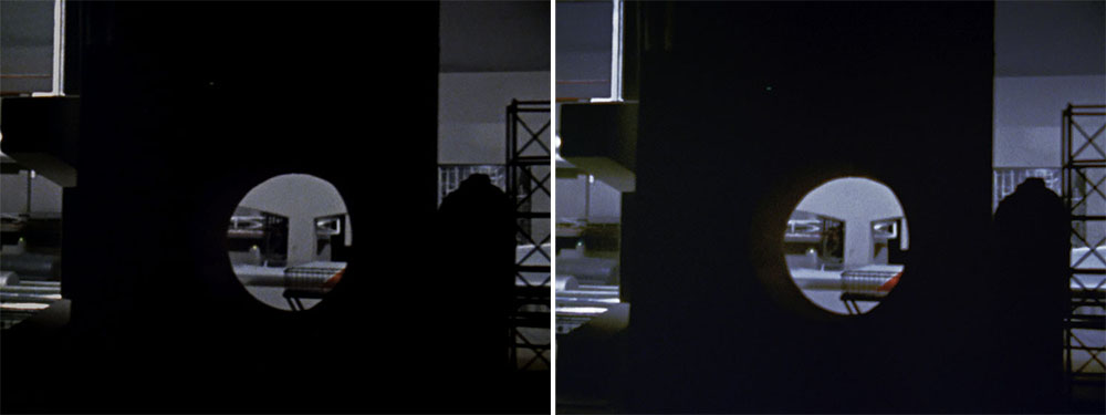 画像: 第1話「姿なき挑戦者」でのウルトラホーク1号発進シーン。壁越しのアングルなど、ミニチュアでいかに奥行、立体感を出すかを当時のスタッフが必死で考えたことがわかる。右の4K/HDRではその狙いを見事に再現している