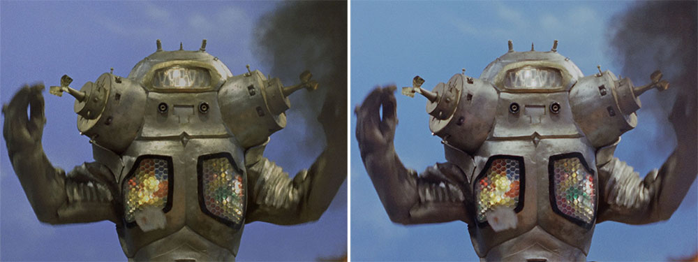 画像: 第14〜15話「ウルトラ警備隊西へ」前後編に登場した人気キャラクター、キングジョー。これまでそのボディはゴールド(左)という印象が強かったが、4K/HDRリマスターされて、プラチナに近いということもわかった(右)