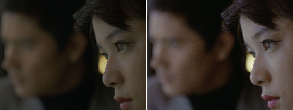 画像: 第8話「狙われた街」より。被写界深度の浅いレンズを使ってダンとアンヌそれぞれの表情を印象的に捉えたカット。4K/HDR(右)では手前のアンヌの鋭い眼差しや、奥のダンがどんな表情をしているのかもきちんと識別できている