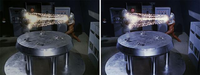 画像: 第17話「地底GO! GO! GO!」より。宇宙船内の奥行感再現や、ウルトラセブンのワイドショットの光線の再現などが2K/SDR(左)と4K/HDRでかなり異なっているのが分かるだろう