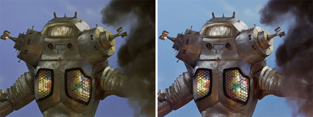 画像: 第14〜15話「ウルトラ警備隊西へ」前後編では、キングジョーの再現に目を奪われたファンも多いはず。これまでは左の2K/SDRを見慣れていたが、4K/HDR(右)では胸や頭の電飾の色が格段に細かくなり、ボディのメタル感も際立ってきている