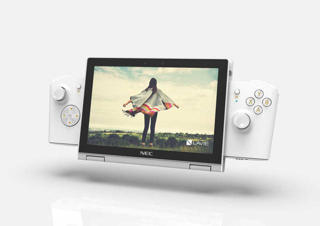 画像: ゲーム用オプションを装着した写真。パソコン本体を360度回転させタブレットモードにした状態で組み合わせる。オプションは単4乾電池2本で駆動していた