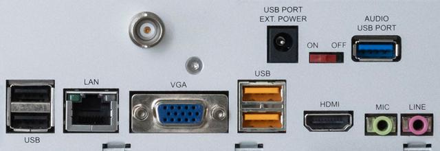 画像: 「sMS-1000SQ Eunhasu」の端子部。音楽信号の出力用には写真右上「AUDIO USB PORT」と書かれた端子を私用する。その左横にあるのがUSB端子の電源オン/オフスイッチで、これを「OFF」側にするとUSB信号の電源を供給しなくなる