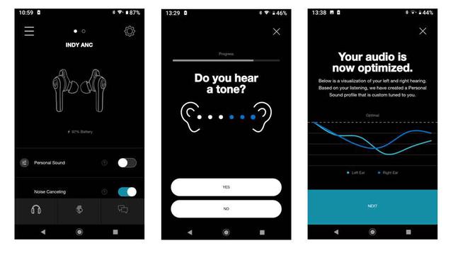 画像: Audiodoの「PERSPONAL SOUND」機能。中央は測定中の画面。右は筆者の測定結果。左右の結果を元に、理想の波形に修正したサウンドを再現してくれる