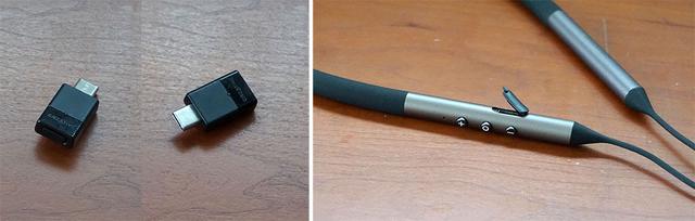 画像: BT-W3(左)は本体後ろにスイッチがあるだけのシンプルな構造。Aurvana Trio Wireless(右)はUSB マイクロBで充電する仕組みで、フル充電で約20時間の試聴が可能