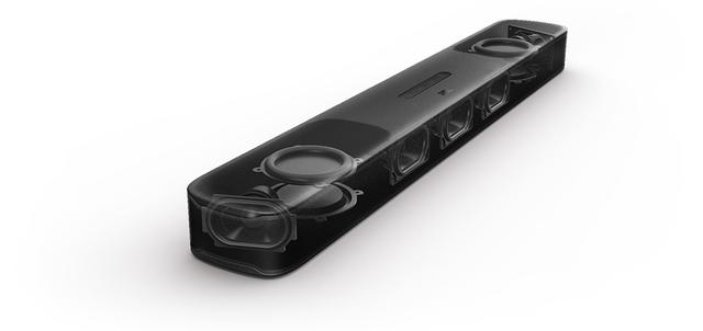 画像: 中央部分にセンタースピーカーとフロント左右用スピーカーを3基、両端に2基を搭載。75mmパッシブラジエーターを上下水平対向にそれぞれ2基ずつ、合計4基配備し、重低音再生の力感を支える