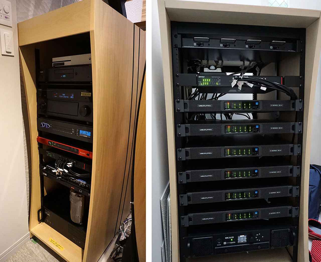画像: 360 Reality AudioなどのファイルはPCのアプリで再生し、オーディオインターフェイスを経由して音楽信号をパワーアンプに送っている。右は階段部分にセットされたパワーアンプのラック