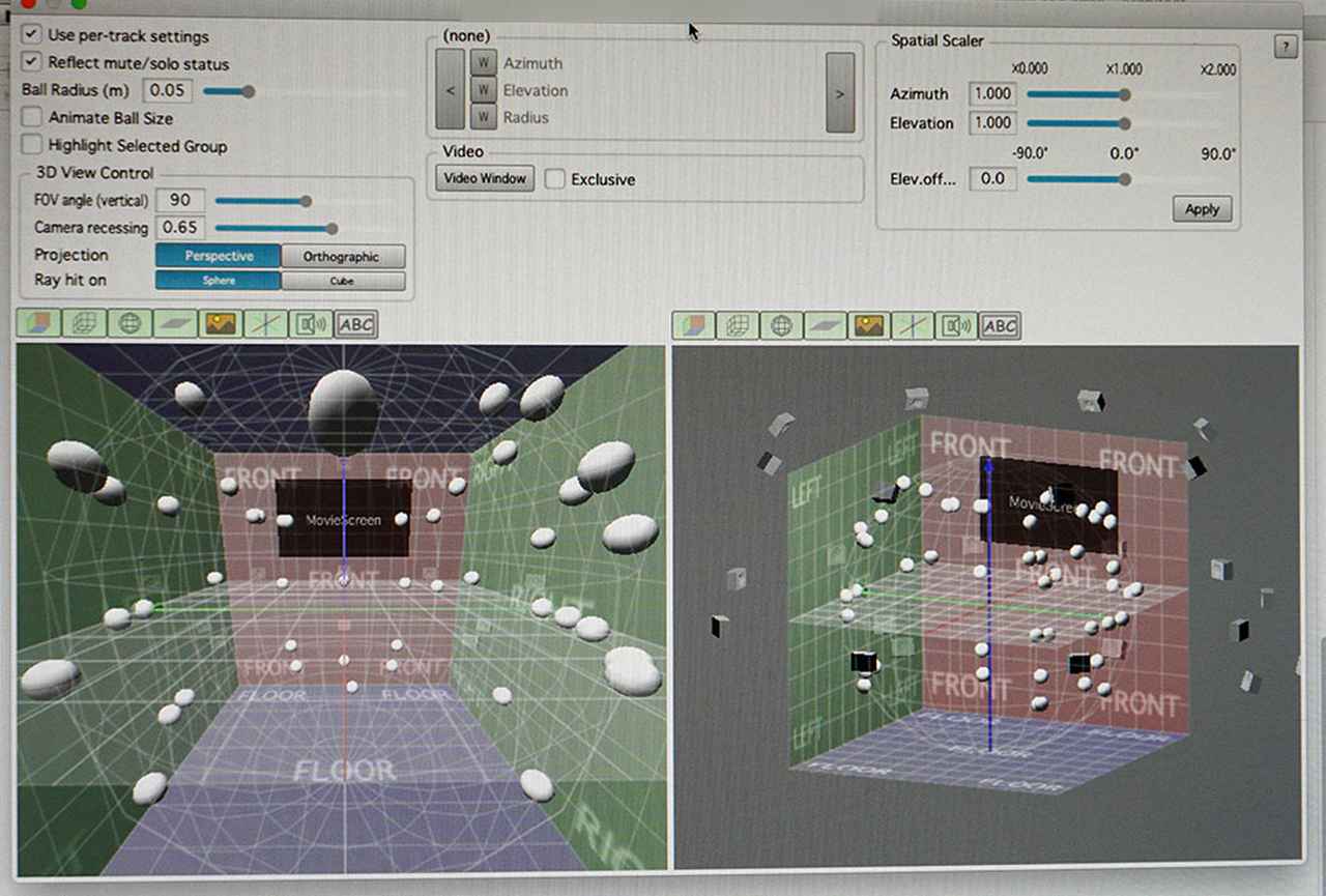 画像: 360 Reality Audio再生時のモニター画面。グラフィックの白い球体が発音位置で、音がどのように配置されているかがひとめでわかるようになっている