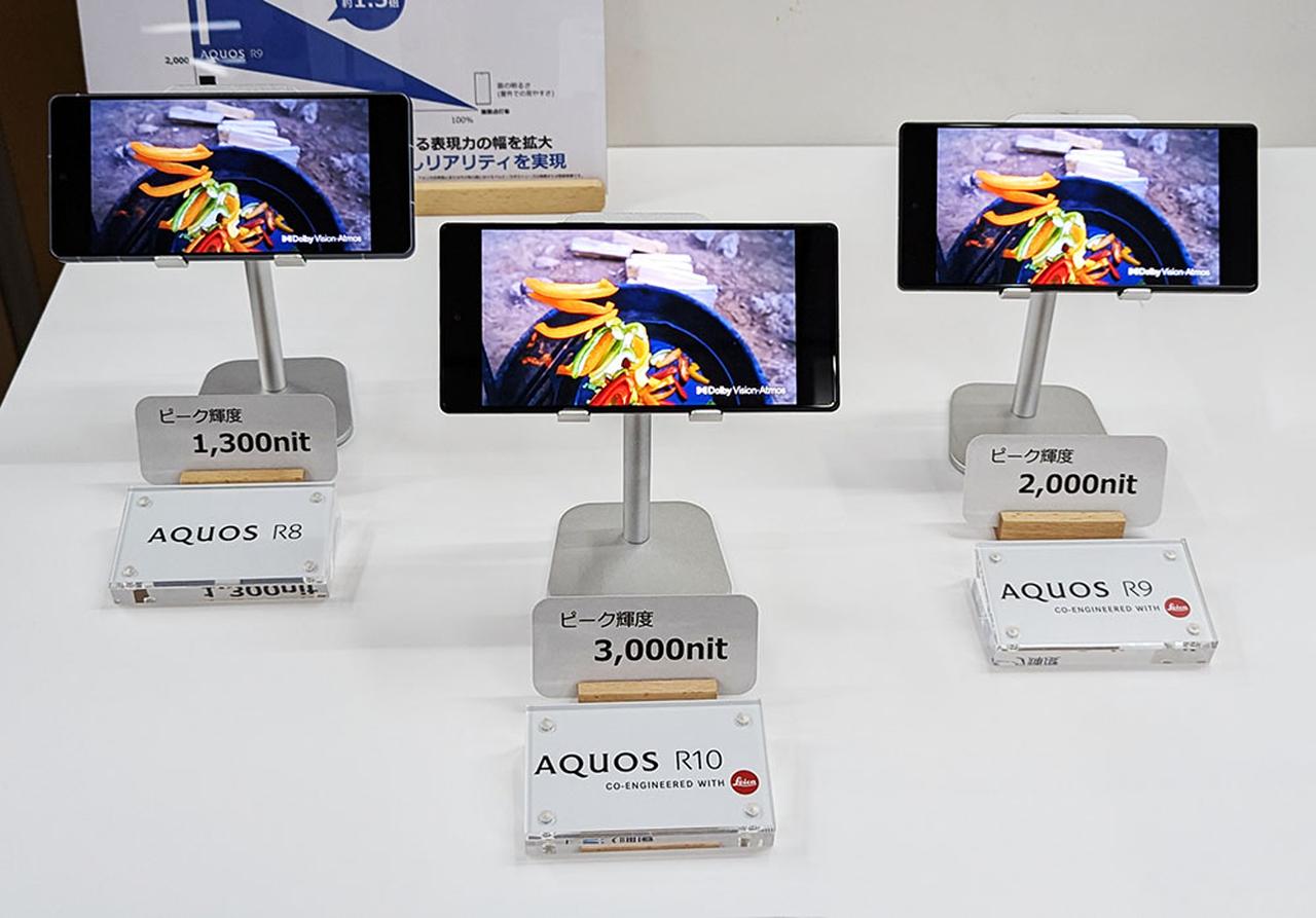 画像: 写真左から、AQUOS R8（1300nit）、AQUOS R10（3000nit）、AQUOS R9（2000nit）