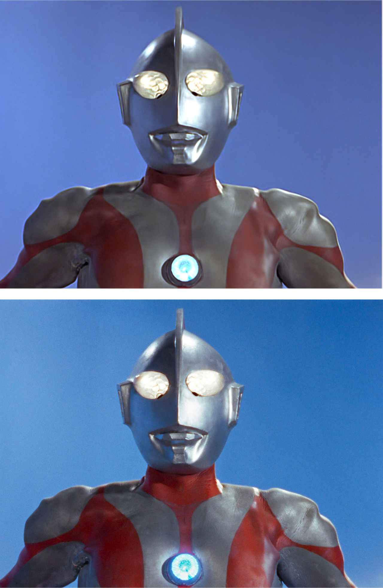 画像: ウルトラマンのボディの銀色、目やカラータイマーの輝きなども、4K版(下)でよりクリアーになっている