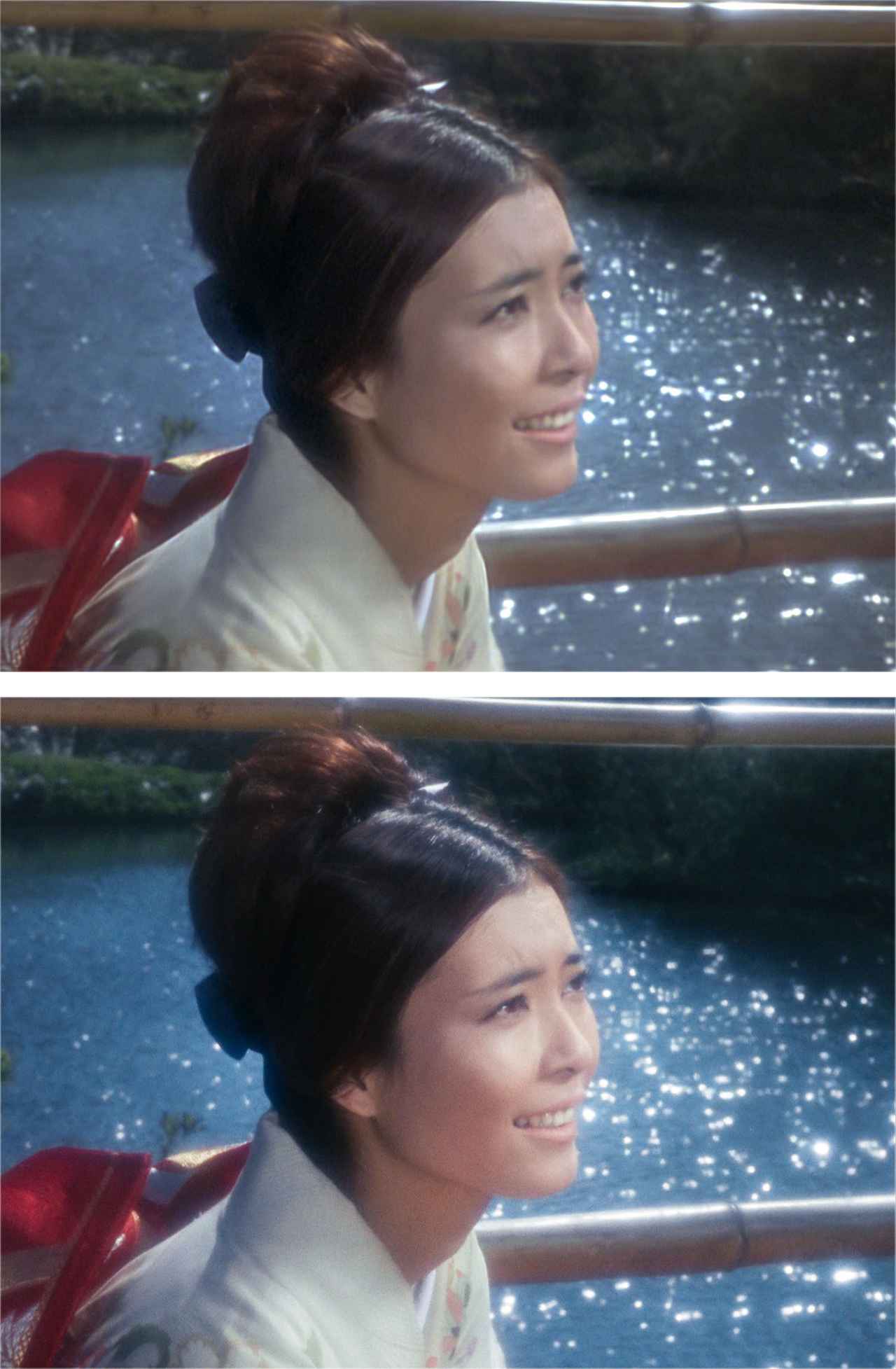 画像: 第34話「空の贈り物」から。4K(下)では背景の水のきらめき、フジ・アキコ隊員の肌色の再現などにHDRの恩恵が見て取れる