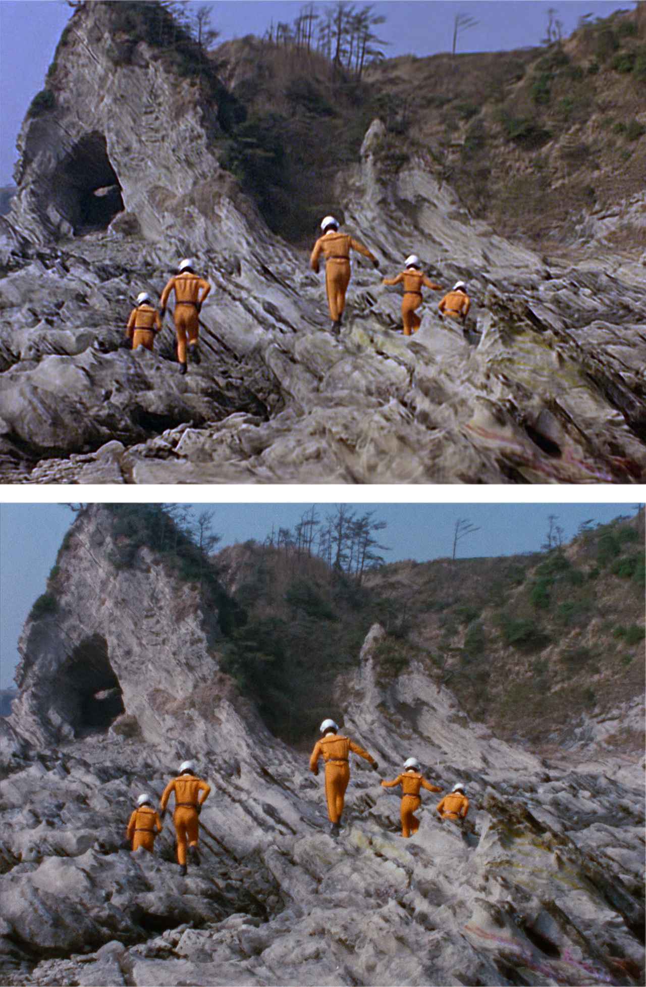 画像: 第37話「小さな英雄」より。HD(上)と4K(下)を比べると、科特隊の制服のオレンジ、奥の岩の質感やディテイル、木々の微妙な緑色などに違いが見て取れる