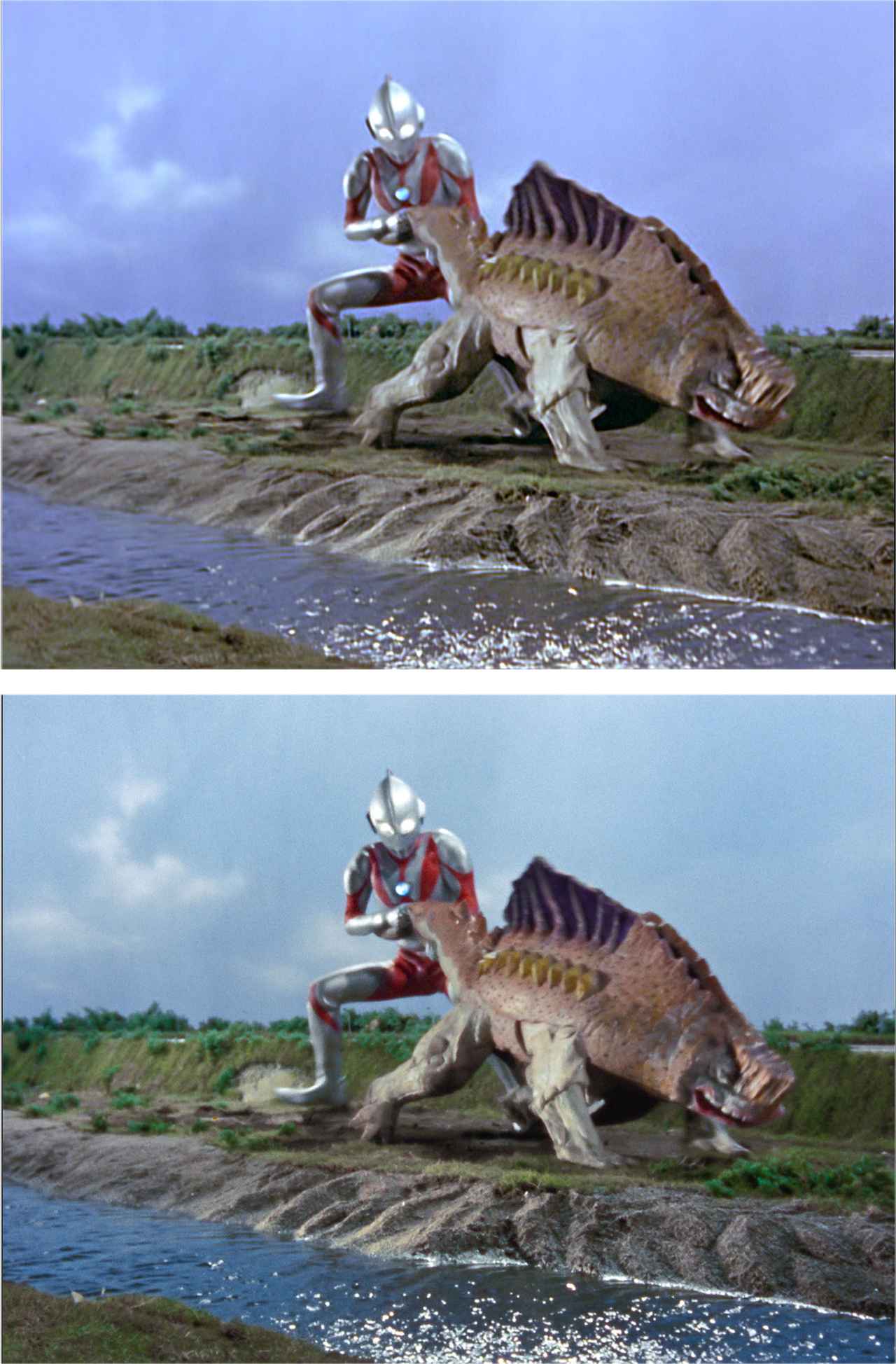 画像: 第15話「恐怖の宇宙線」より。HD(上)と4K(下)では、空の色やウルトラマン、ガヴァドンのボディカラーやディテイル再現にも違いが