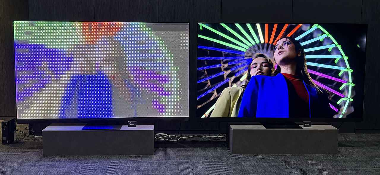 画像: RGB Mini LEDバックライトのサンプルも展示。これまでのバックライトは白黒だったが、RGB LEDになることでバックライト自体がカラー化されている。LEDの仕様や配置などは116インチモデルとは異なるタイプとのことだが、製品化の際のバックライト駆動イメージはこれに近いそうだ