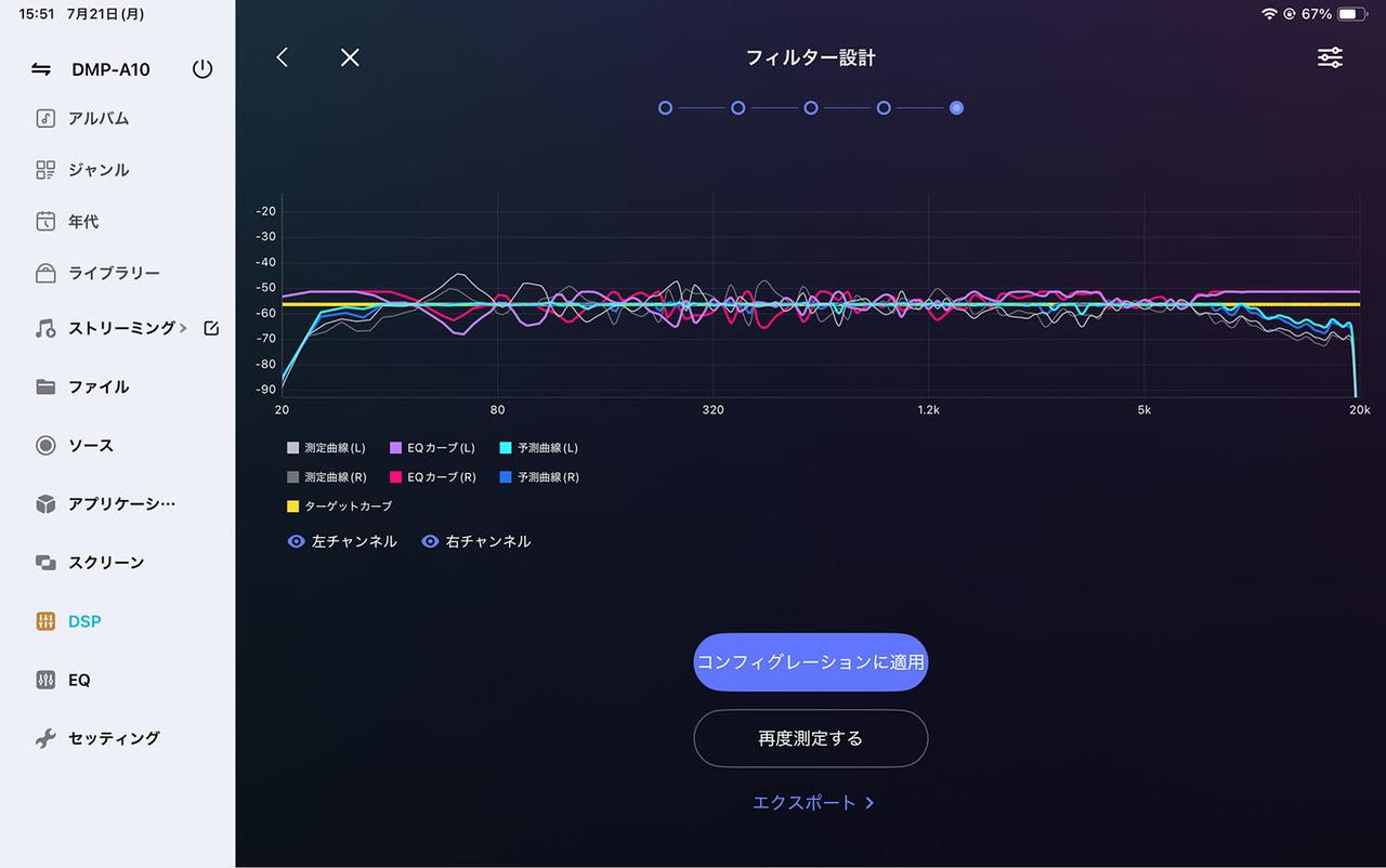 画像: 測定結果と補正内容もグラフィックに表示してくれる。ここで「コンフィグレーション適用」を押せば補正内容が設定項目に反映される仕組みだ。「エクスポート」で補正の内容をDMP-A10のメモリーに保存も可能