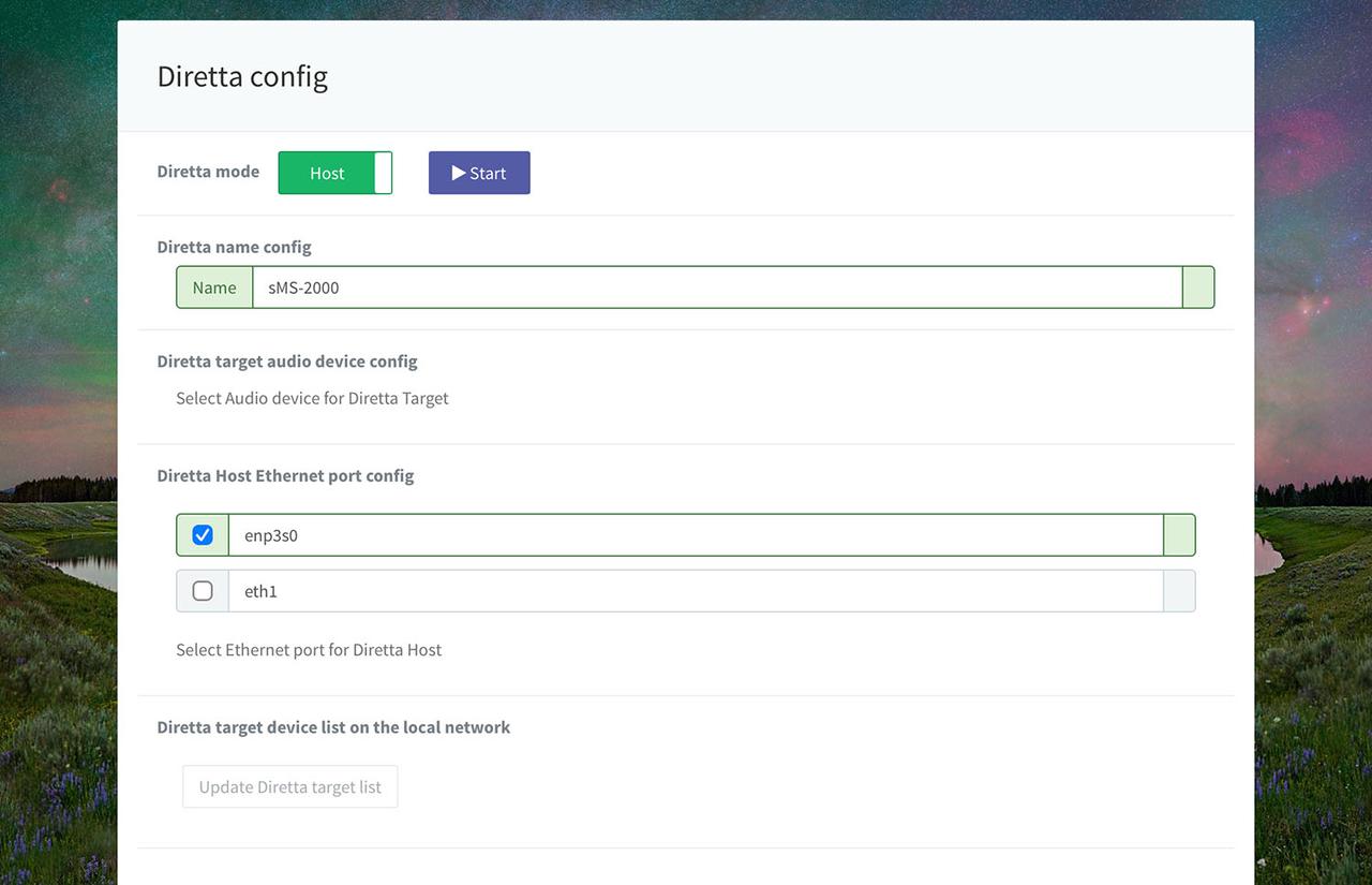 画像: Eunhasu OS(V0.5.9以降)では、メイン画面にDirettaの設定アイコンが表示され、そこから詳細な設定が可能。画面上の機器を「HOST」と「TARGET」のどちらにするかを最上段のスイッチで選べばいい