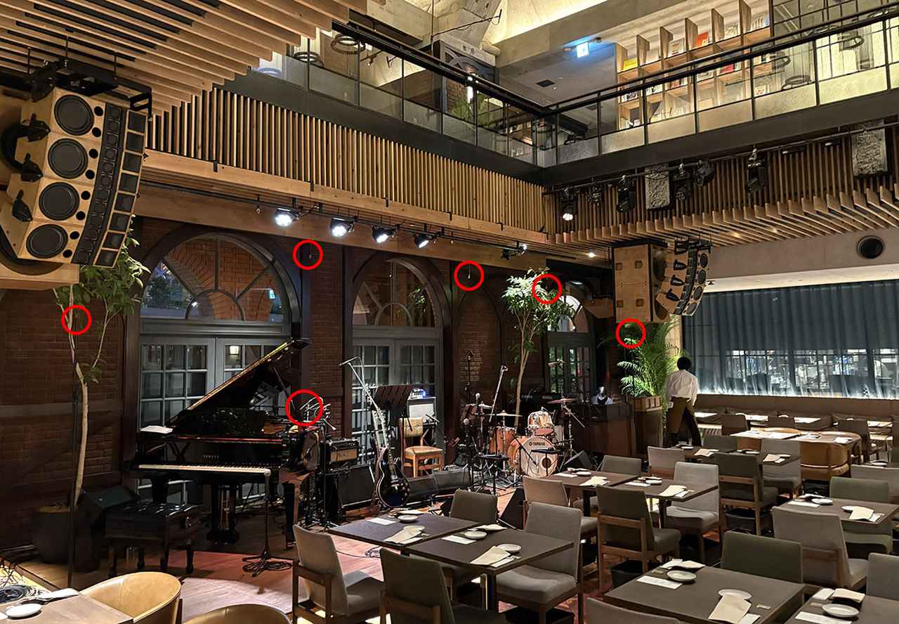 画像: BLUE NOTE PLACEのステージサイド。赤い丸で囲んだ部分にアンビエンス用マイクが配置されている（ひとつはスピーカーの陰で写っていない）。またピアノには、PA用マイクとは別に2本設置されている