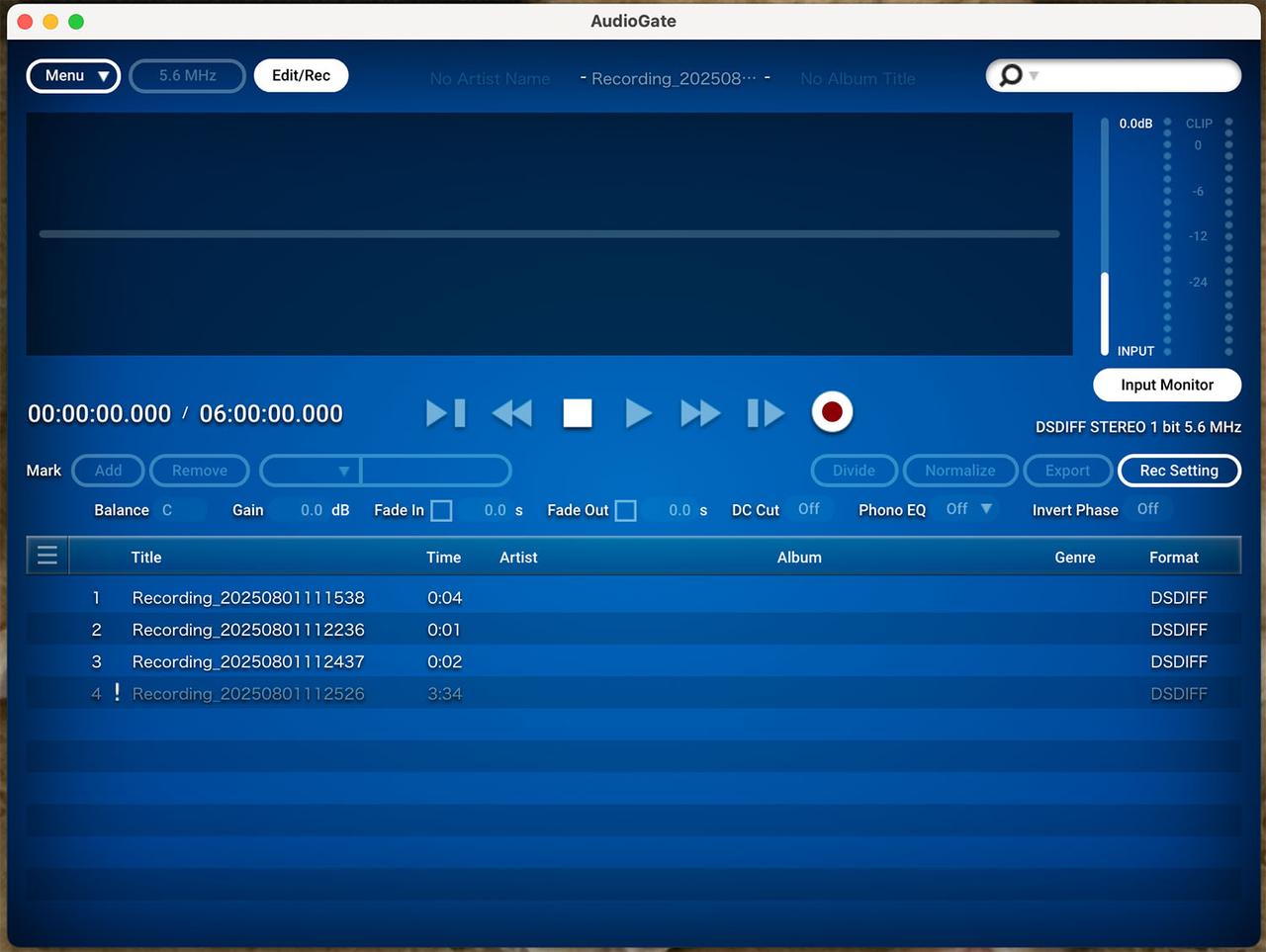 画像: 「AudioGate4」のメイン画面。録音フォーマットなどの設定は右中段にある「Rec Setting」から行う