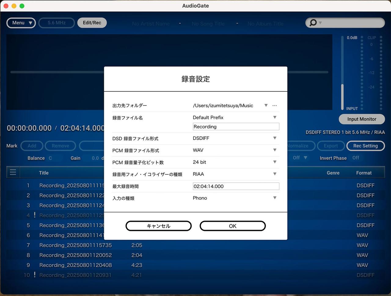画像: 録音するファイル形式やリニアPCMのビット数、内蔵フォノイコライザーとAudioGateのソフトウェア・フォノアンプ機能のどちらを使うかなども設定できる