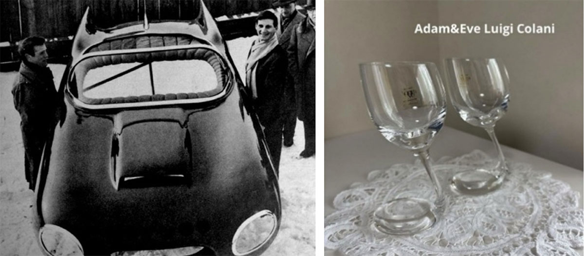 画像: コラーニデザイン；1955 Fiat 1100 TV、1983 Adam&Eve glass（http://www.papiercolle.net/critique/colani.html）