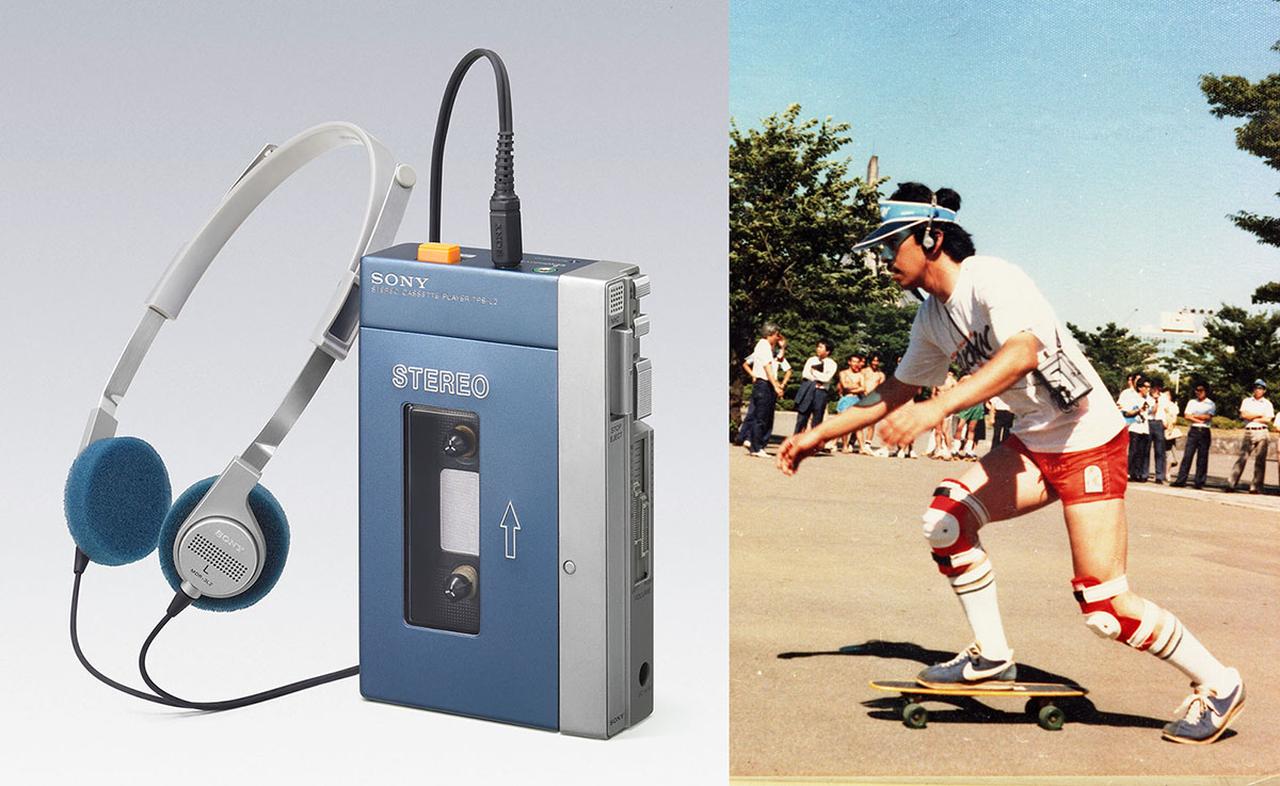 画像: ソニー「ウォークマン」 TPS-L2、および1979年6月22日プレス発表の日、代々木公園で行われたデモンストレーション（ソニー『源流』https://www.sony.com/ja/SonyInfo/CorporateInfo/History/SonyHistory/2-06.html）