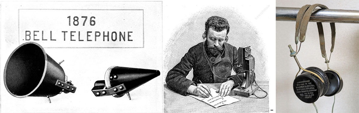 画像: 左から、ベル研の電話機、メルカディエのイヤホン、ボルドウィンのヘッドホン「Type“C”」