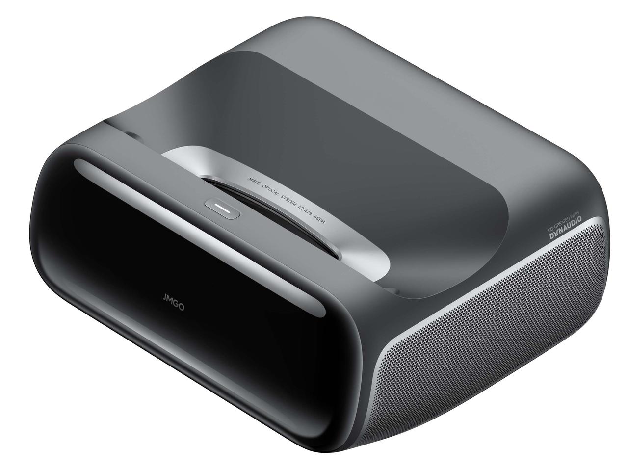 画像: JMGOの超短焦点プロジェクターO2S Ultra 4K。柔らかなカーブを描いた筐体は、インテリアとよく馴染むコスメティックデザインといった佇まい。サイズは幅312×奥行290×高さ140mmと非常にコンパクト。スクリーンと本体前方(上の画像でいえば右側)まで15cm離すと100インチ映像が投写できる仕組みだ