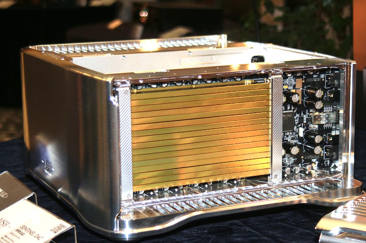 画像: 画像は、サイドパネルが外されたところ。この画像サイズでお分りいただけるだろうか、16本のプレートが水平に固定されて縦に配置されている。逆サイドにも同様にレイアウトされており、デジタル信号をパラレルに伝送する＂32Hybrid DAC MkII＂の肝とも呼べる部分だ