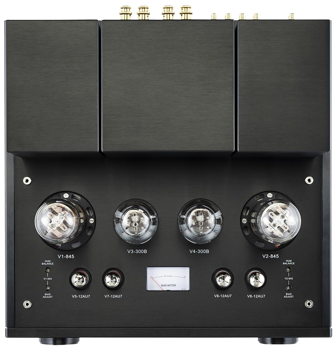 画像: フラットアンプ部、パワーアンプ部初段と電圧増幅段に12AU7を採用し、300Bで出力管845を励振するオール3極管の5段増幅回路。メインシャーシは鉄製で、トランス類と真空管は左右対称配置。出力管845は天板上のメーターを確認しながらバイアス調整が可能だ。ハムバランサーも天板上に装備する。