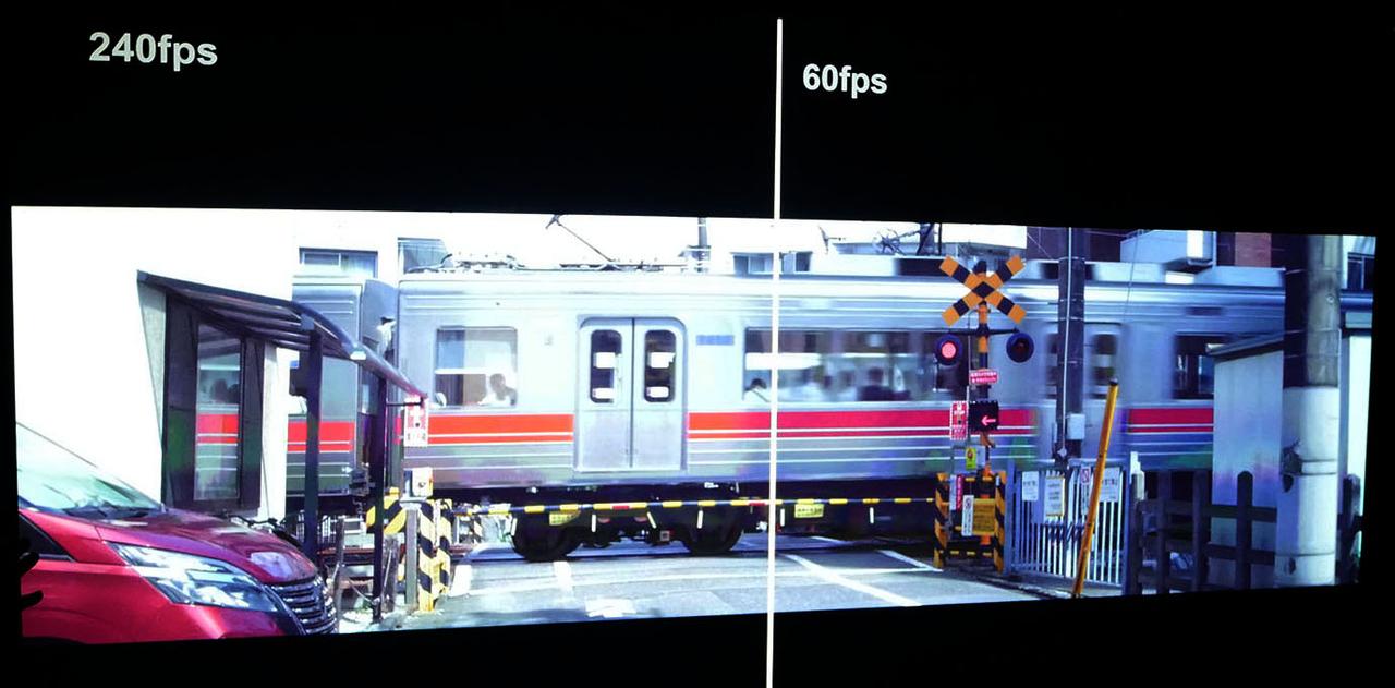 画像: アストロデザインでは、数年前から8K高解像度とハイフレームレートの組み合わせを提唱している。今回もDLPプロジェクターでの映像比較がデモされていたが、240pと60pの違いは一目瞭然でした