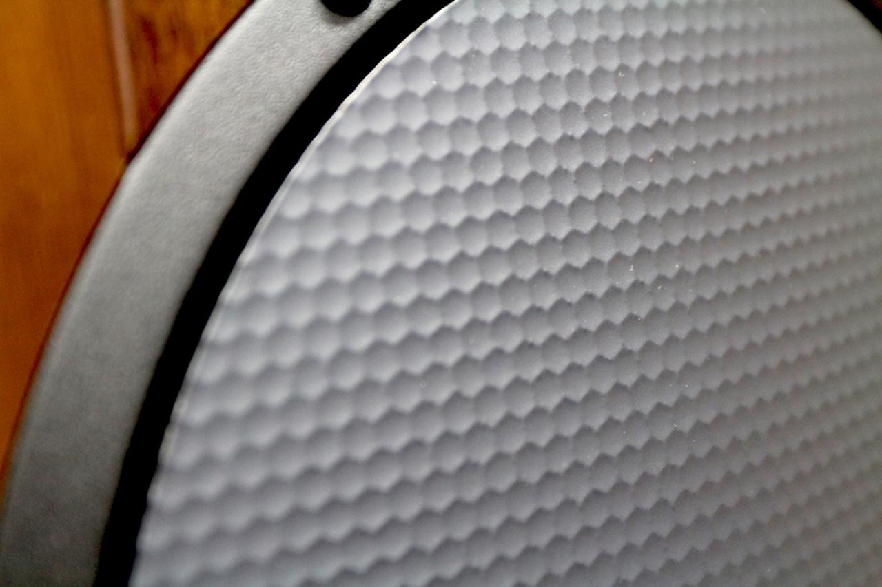 画像: 250mmウーファーの振動板に接近してみると、ハニカムコアをサンドイッチした構造のドームタイプ振動板であることがわかる