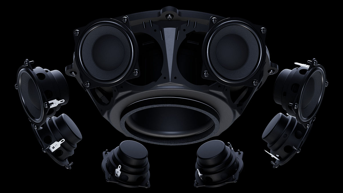 画像: BOSE PROFESSIONALが、ペンダント型スピーカー「DesignMax Luna」を発表。8基の2インチドライバーと8インチウーファーをリング状に配置し、1台でも包み込むような音場を展開