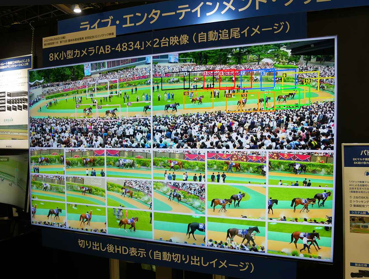 画像: 「パドック映像マルチ配信システム」。上が2台の8Kカメラの映像で、下は切り出した18頭ぶんの2K映像
