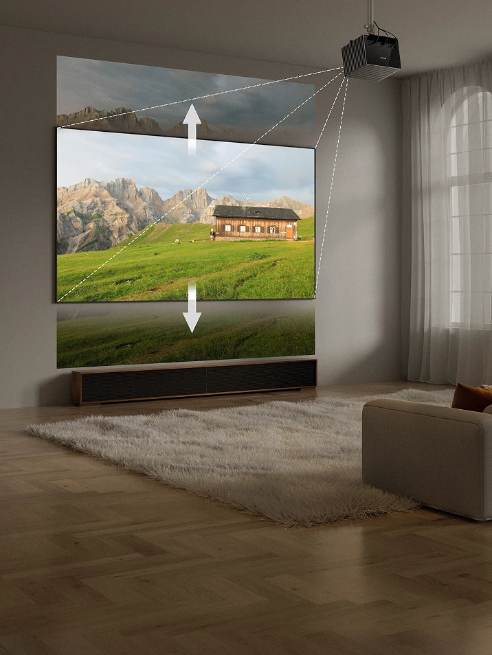 画像: 100インチの投射距離は1990〜3320mmなので、6畳間でも問題なく収まるはず。さらに±105%の垂直レンズシフト機能も備えているので、設置の自由度は高い