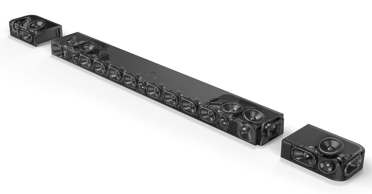 画像: BAR1300MK2のユニット構成。本体にはなんと19基、ワイヤレスリアスピーカーにも各4基、合計８基のユニットが搭載されている